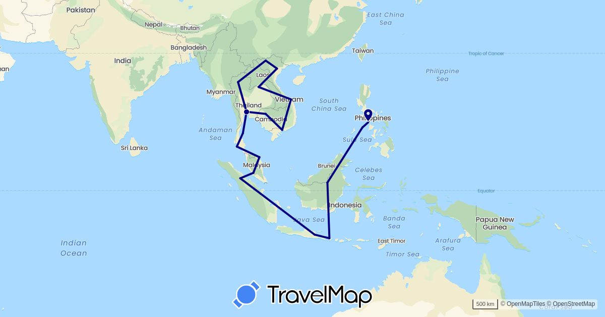 TravelMap itinerary: driving in Indonesia, Cambodia, Laos, Malaysia, Philippines, Thailand, Vietnam (Asia)
